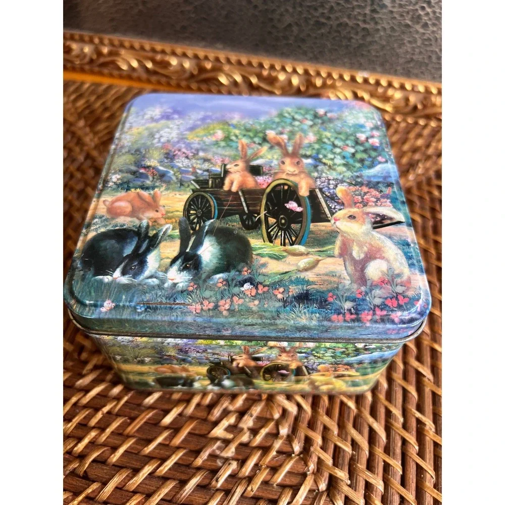 Vintage Rabbit Garden Scene Decorative Metal Tin Storage Box Cottagecore Easter